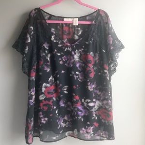 DKNY / Short Sleeve Floral Top w/Lace - 22/24
